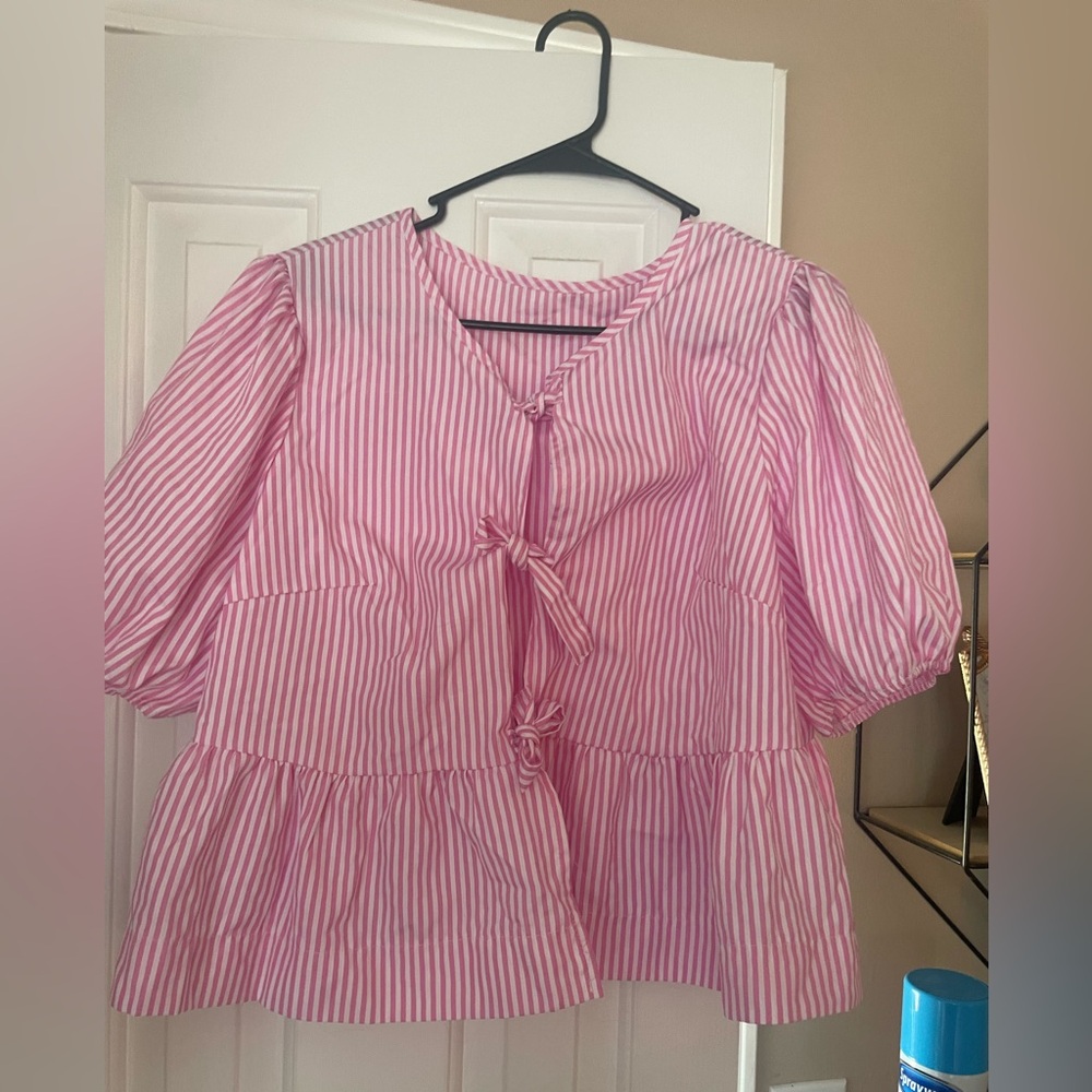 SHEIN Pink Striped Blouse with Bow Accents
